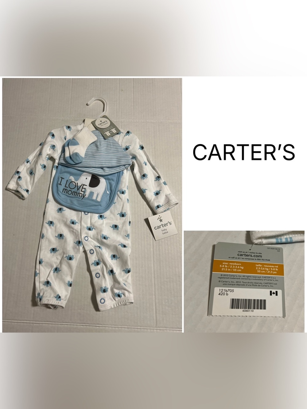 CARTER’S - NB - NWT - INFANT BOYS 4PC BLUE WHITE ELEPHANT SET